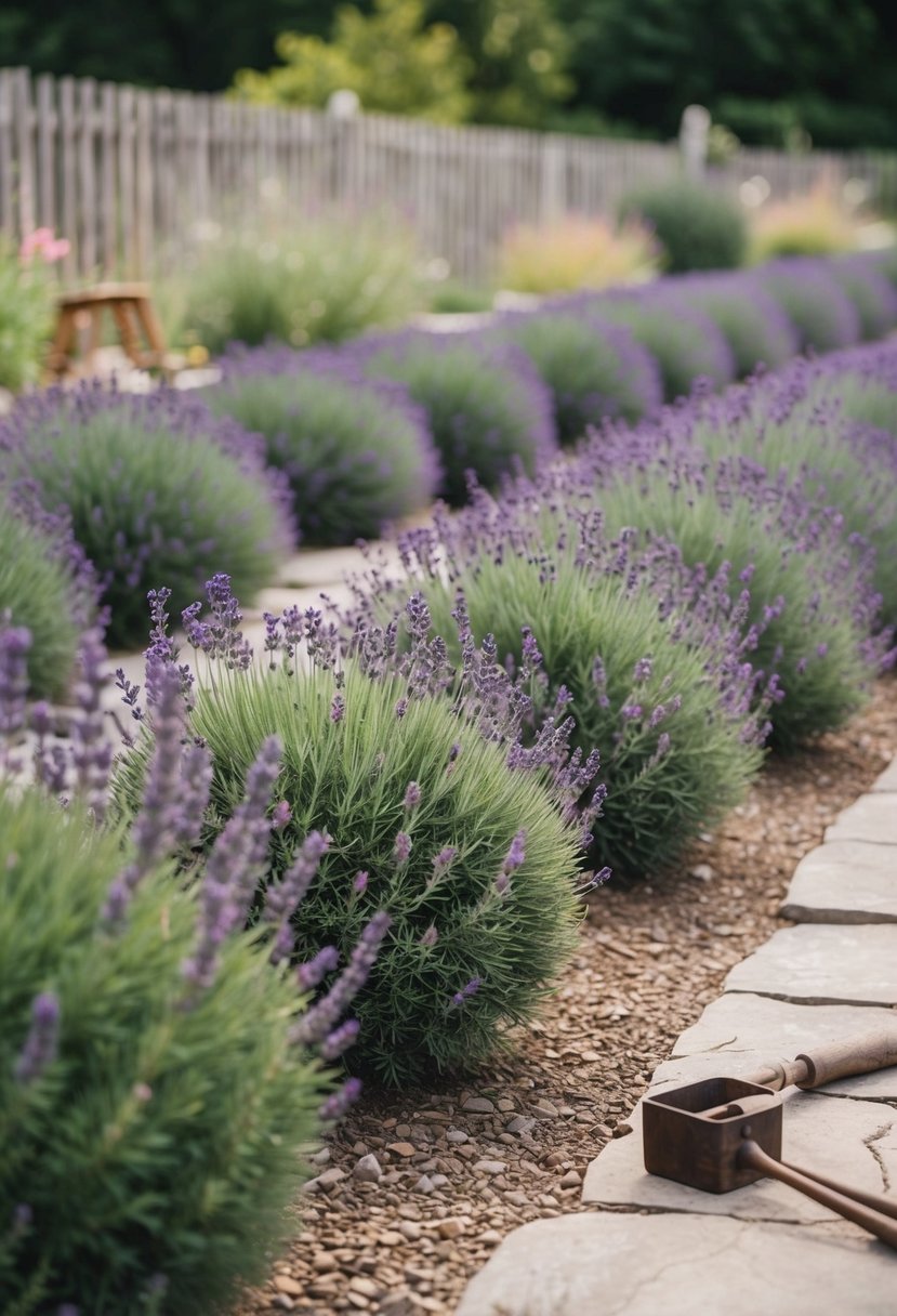A serene garden with rows of lavender bushes surrounded by rustic elements such as weathered wooden fences, stone pathways, and vintage garden tools