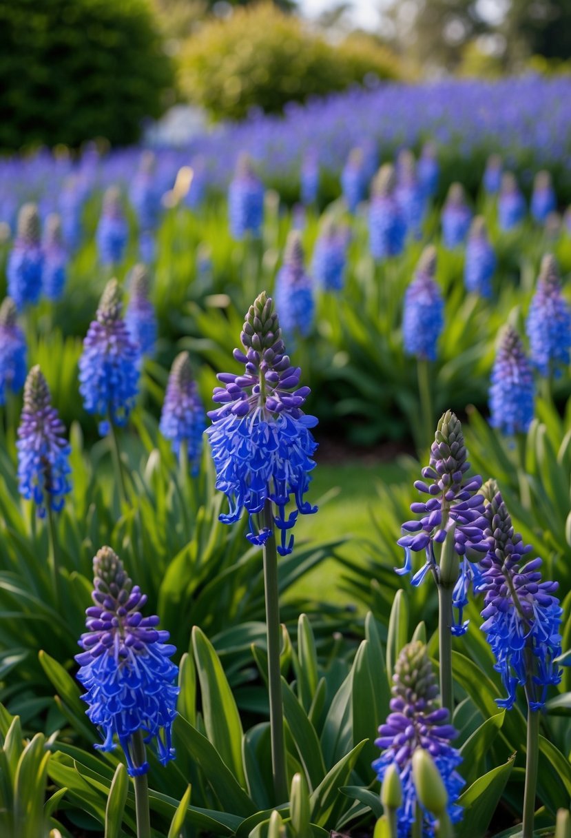 A lush garden filled with vibrant Agapanthus 'Corinne' in full bloom, creating a sea of blue and green. Tall stems sway gently in the breeze