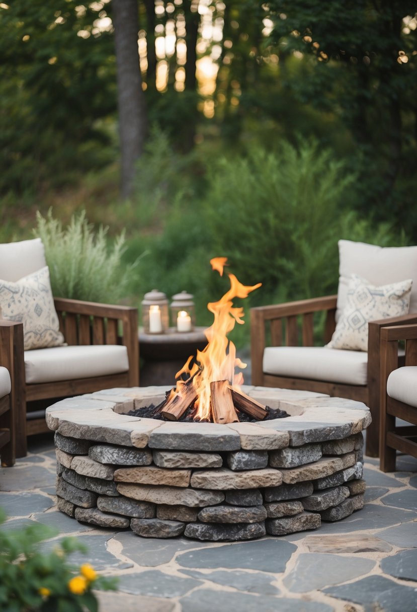 A flagstone fire pit surrounded by rustic seating, nestled in a natural outdoor setting