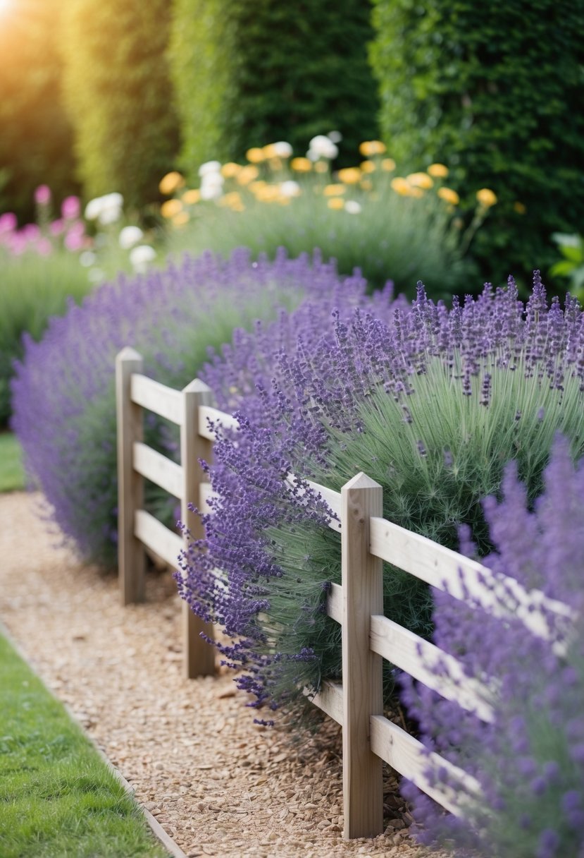 A lavender hedge fence borders a garden entrance, with a path leading through the fragrant, colorful flowers