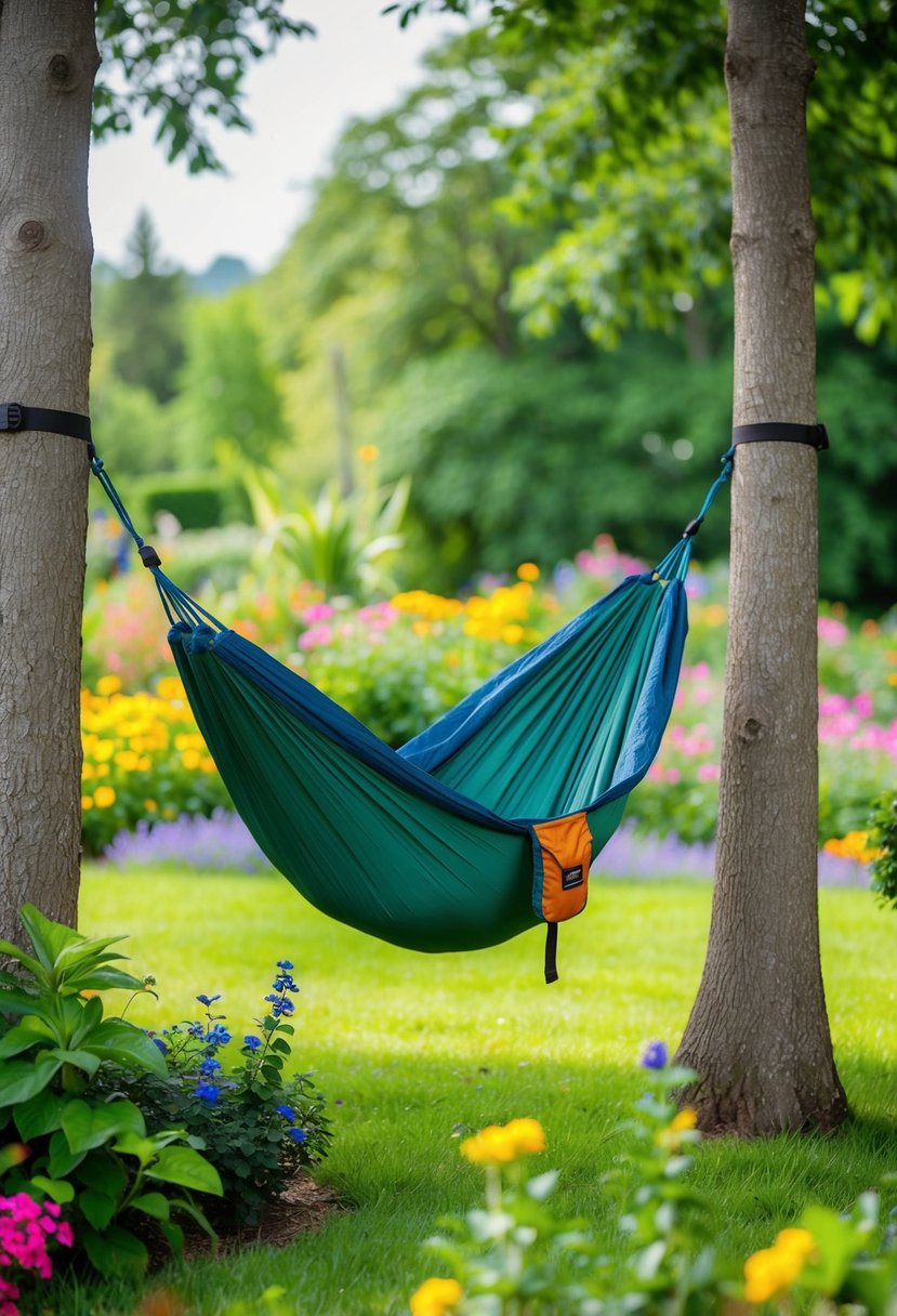 A compact backpacking hammock hanging between two trees in a lush garden, surrounded by colorful flowers and greenery