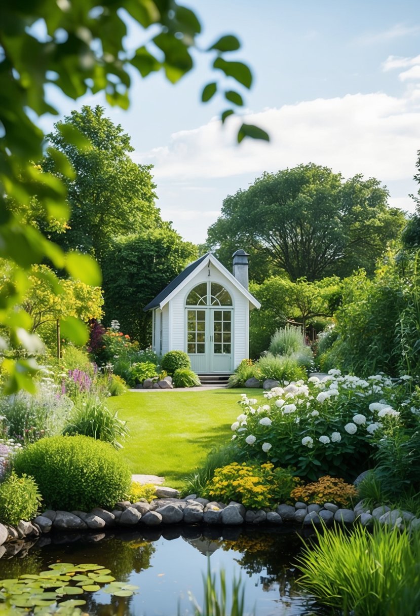 A serene garden with a charming summer house nestled among lush Nordic flora and a tranquil pond
