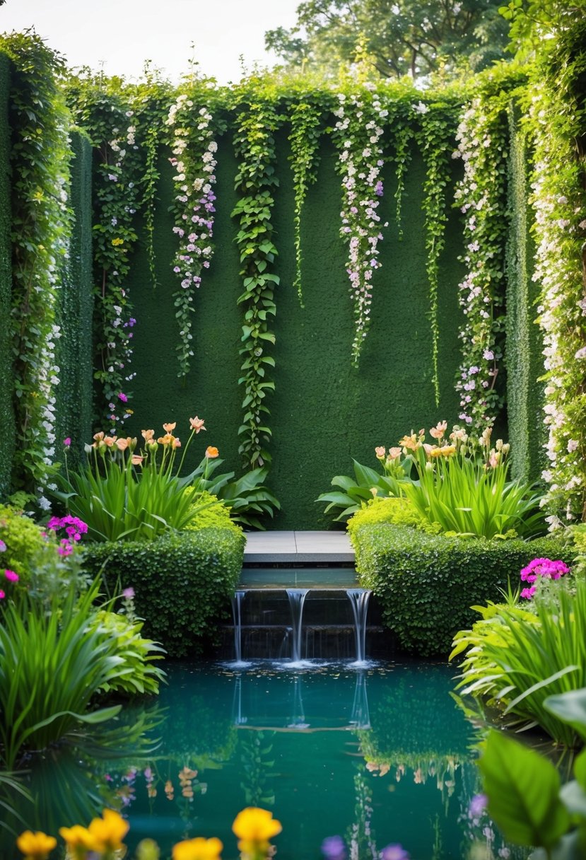 A lush vertical garden wall surrounds a tranquil pond, with cascading greenery and vibrant flowers creating a serene and natural atmosphere