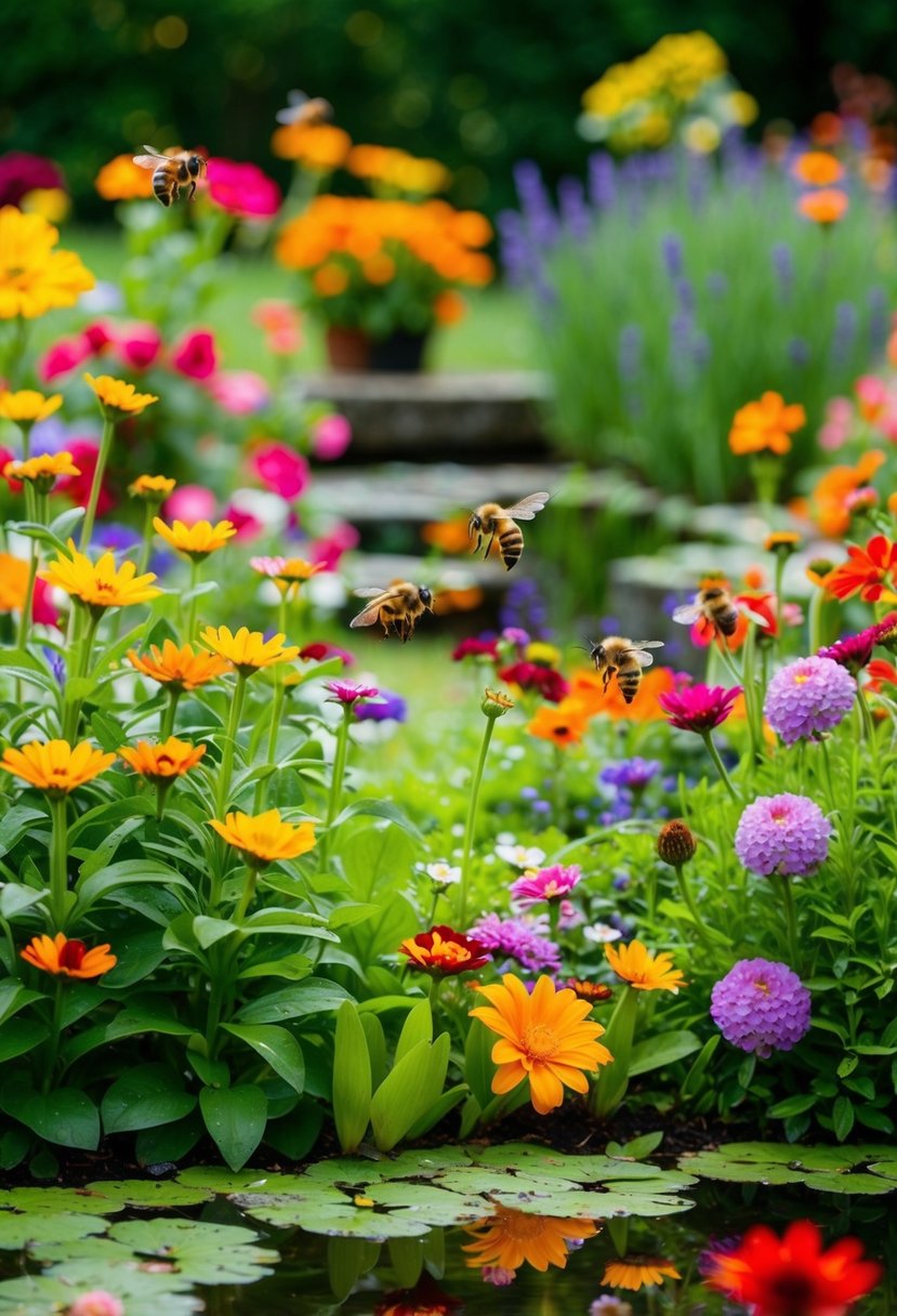 A garden filled with colorful bee-friendly flowers surrounding a tranquil pond