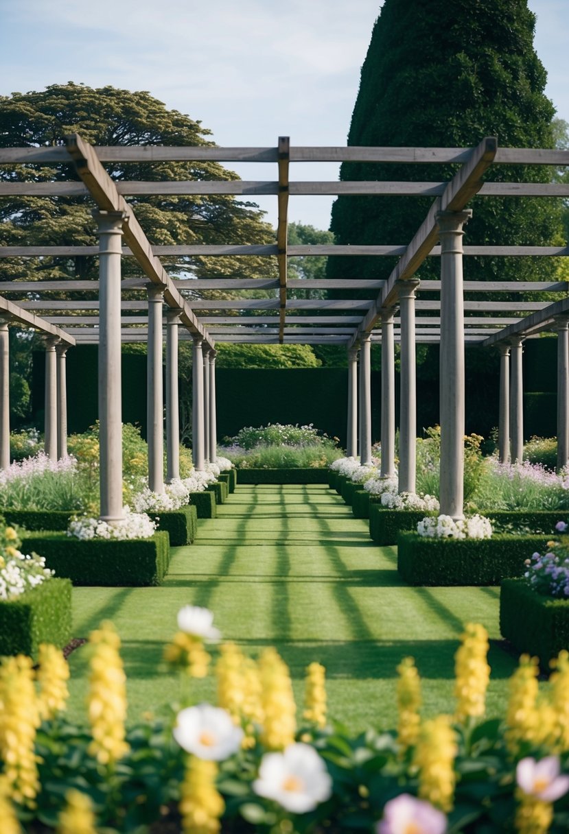 A lush garden with 43 pergolas arranged in a symmetrical pattern, surrounded by blooming flowers and tall trees