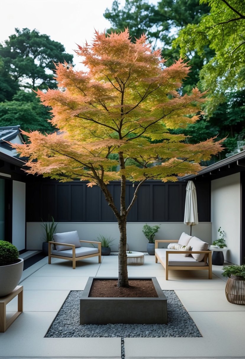A Japanese maple tree stands in a serene Japandi patio, surrounded by minimalist furniture and natural materials, creating a tranquil and harmonious outdoor space