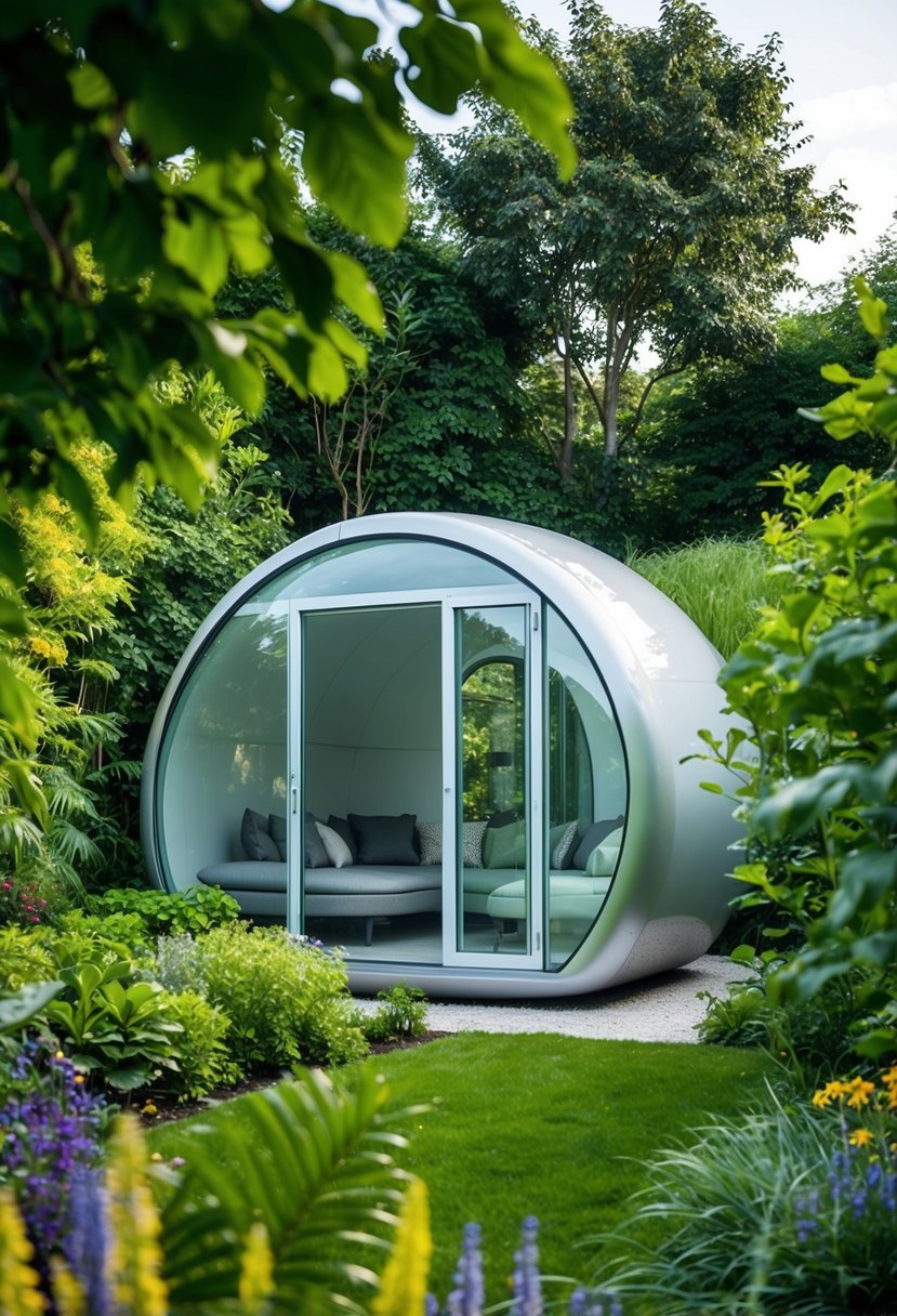 A lush garden surrounds a sleek, futuristic pod with a glass summer house nestled among vibrant greenery