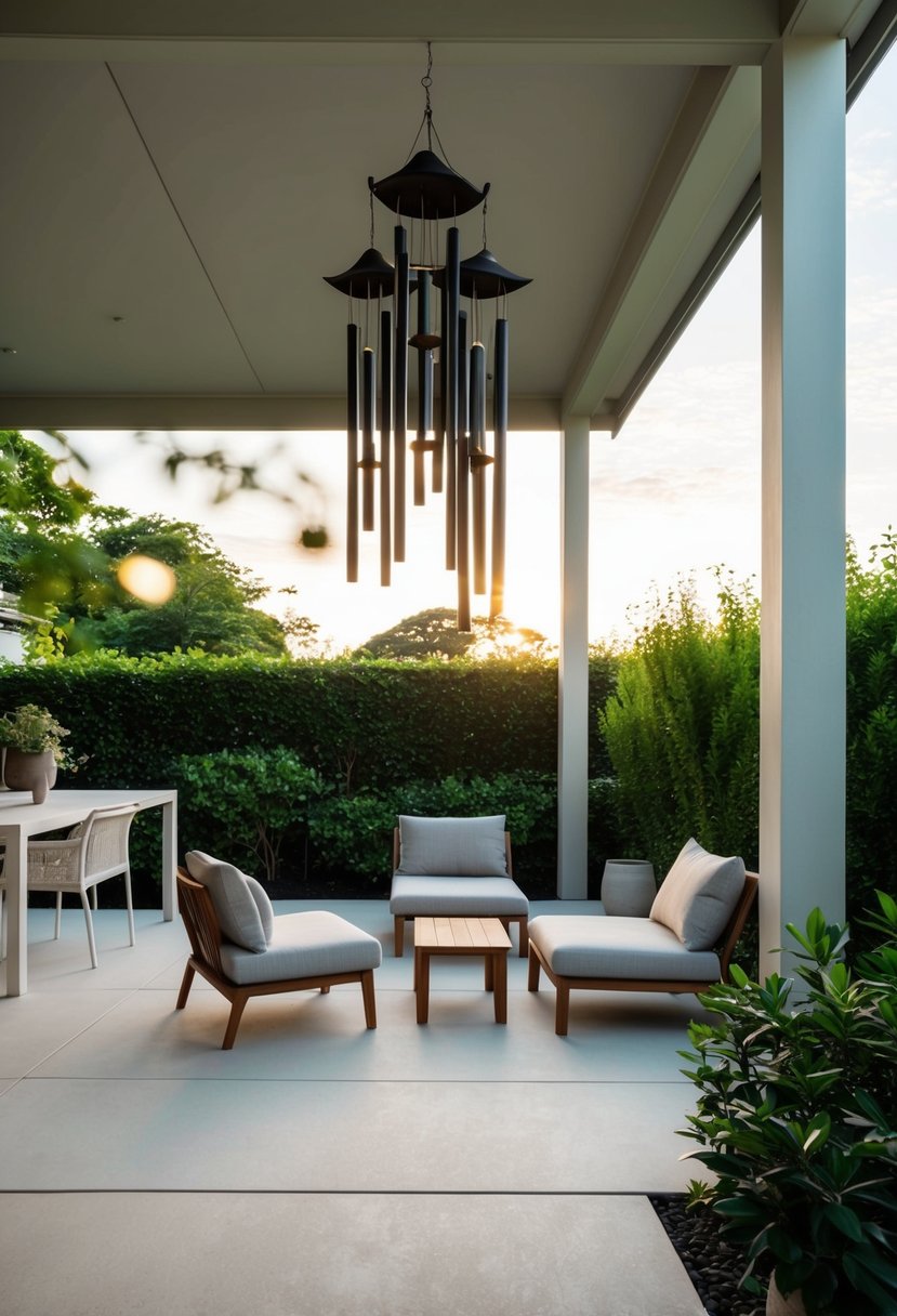 A serene Japandi patio adorned with Japanese wind chimes, surrounded by minimalist furniture and lush greenery