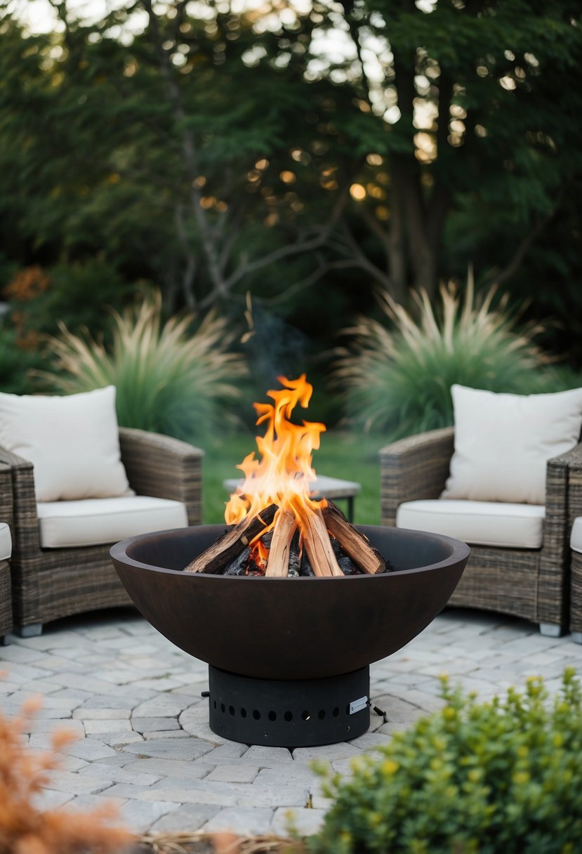 A rustic fire pit with a charcoal fire bowl surrounded by cozy seating and natural landscaping