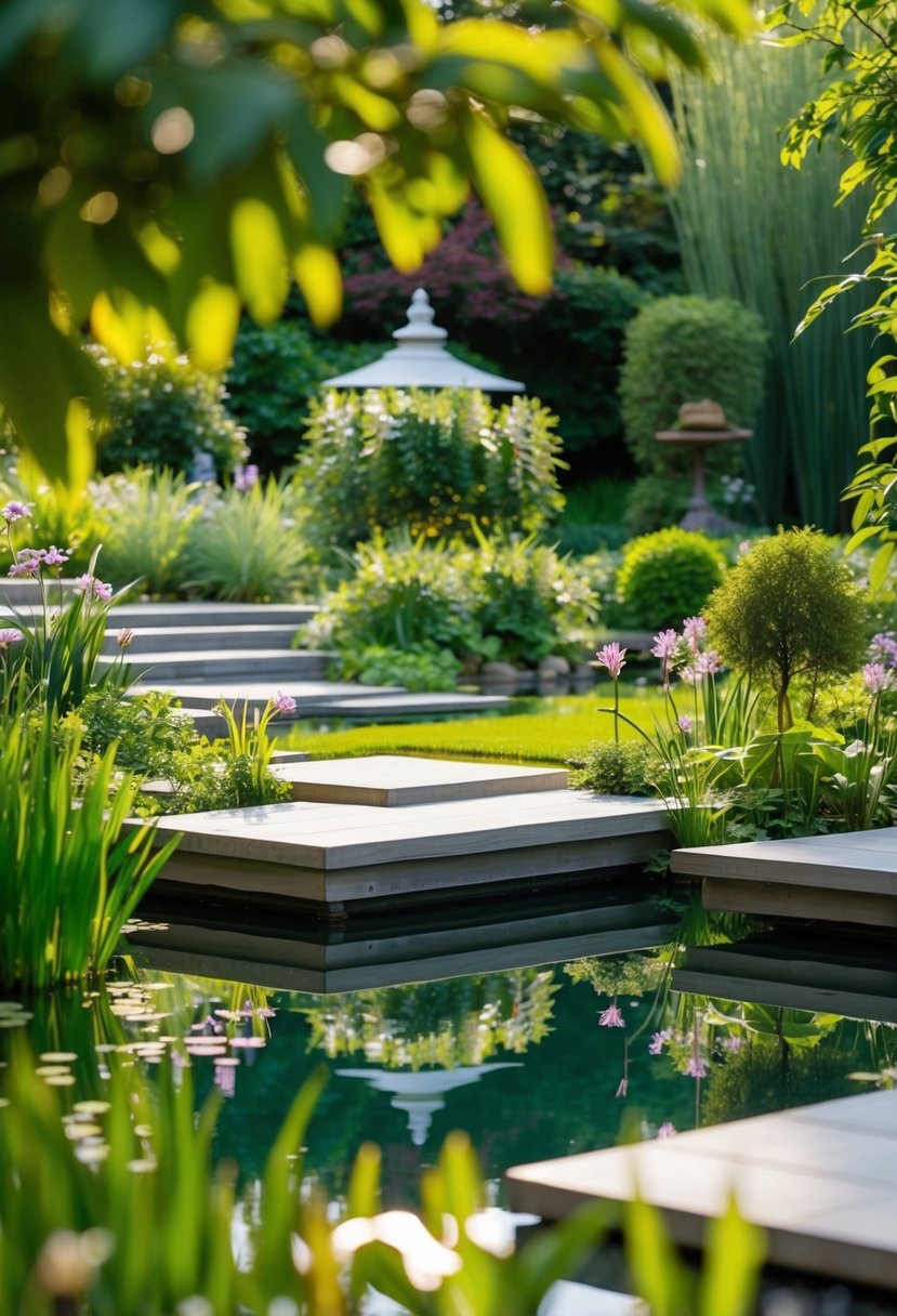 A serene garden pond surrounded by lush greenery and tranquil meditation platforms
