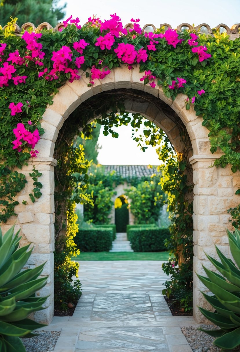 A stone archway covered in vibrant bougainvillea vines, leading to a lush Mediterranean garden