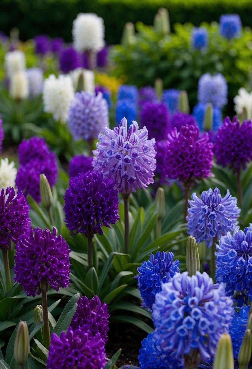 A lush garden filled with blooming Agapanthus 'Storm Cloud' in various shades of deep purple and blue, creating a stunning display of color and texture