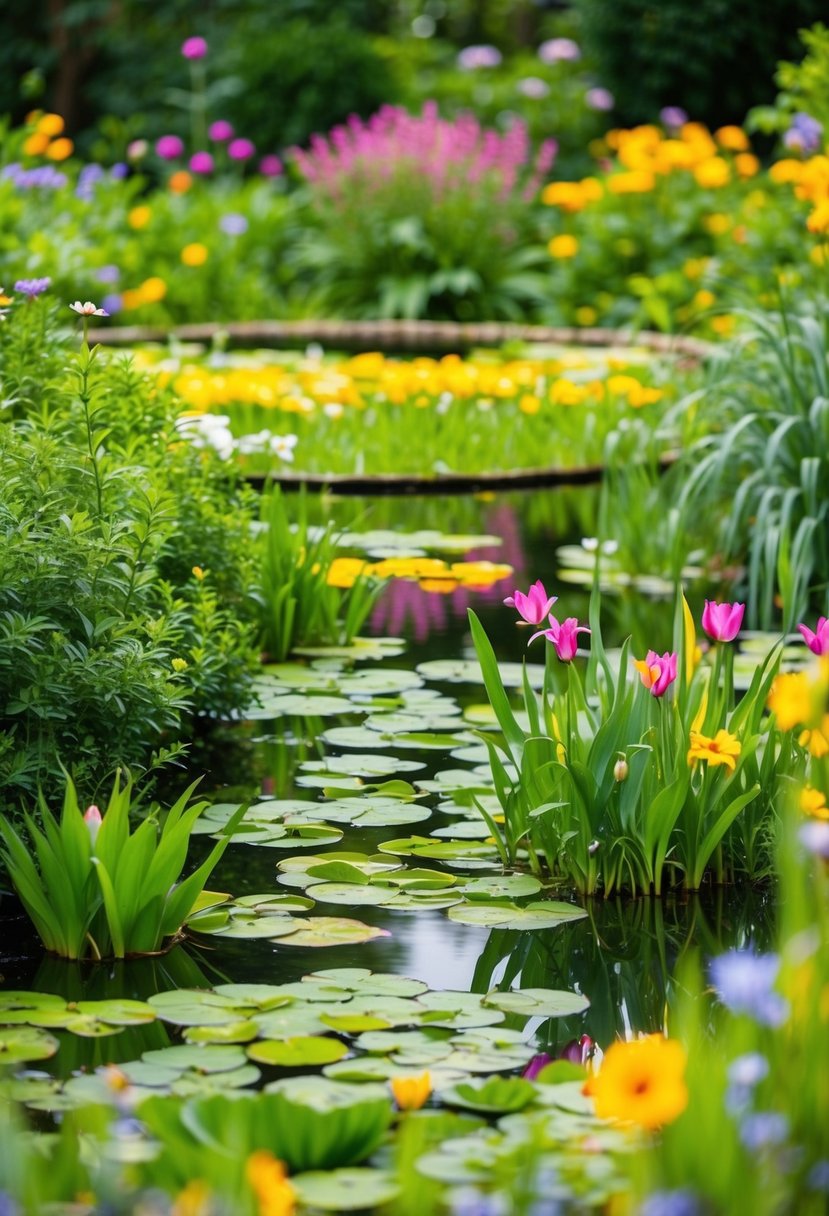 A lush bog garden with a serene pond surrounded by vibrant greenery and colorful flowers
