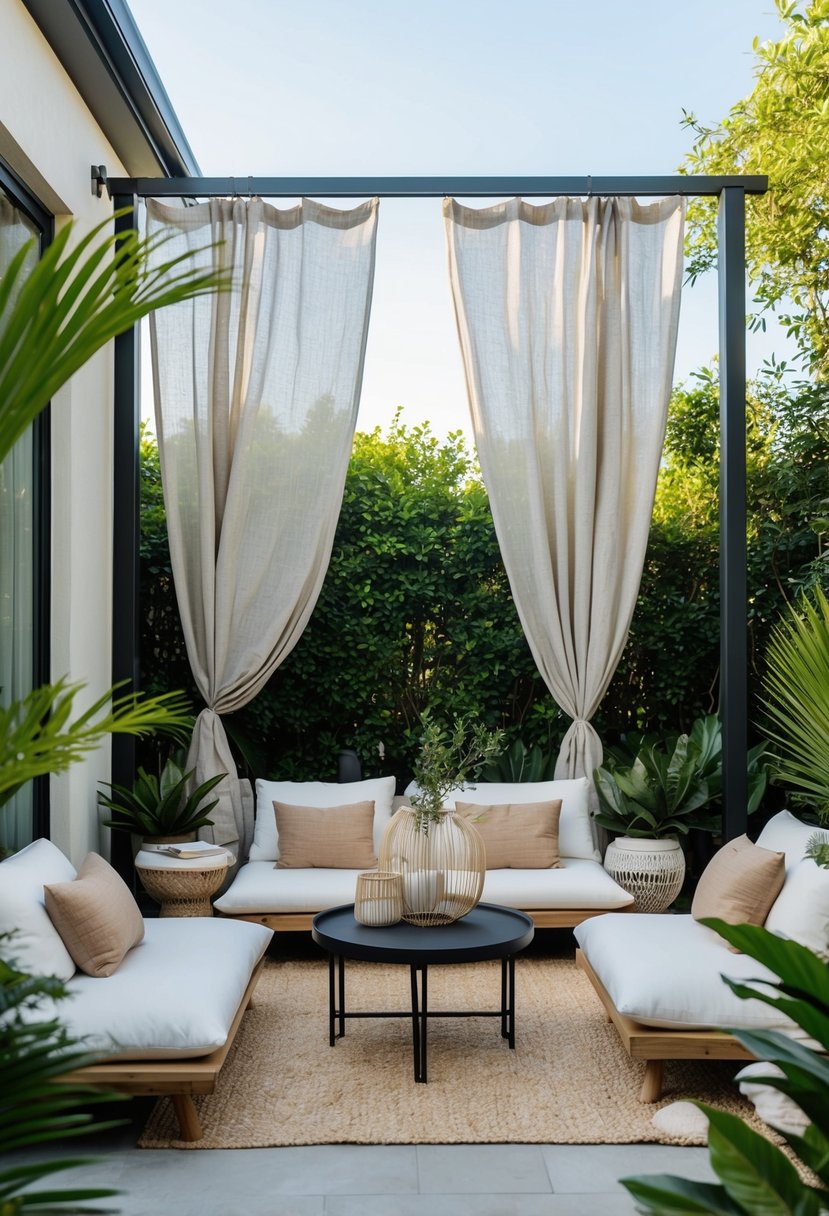A serene outdoor patio with linen curtains billowing in the breeze, surrounded by minimalist Japandi-inspired decor and lush greenery