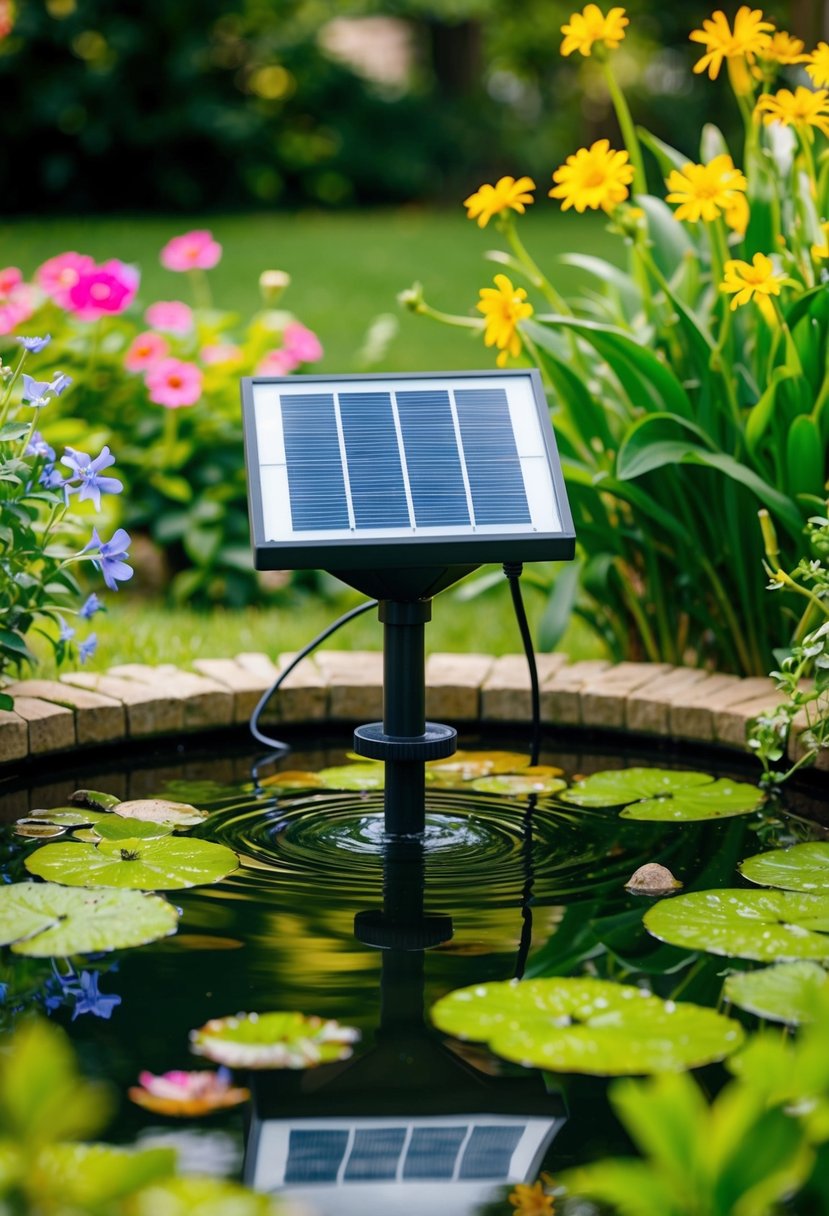 A solar-powered pump circulates water in a tranquil garden pond surrounded by lush greenery and colorful flowers