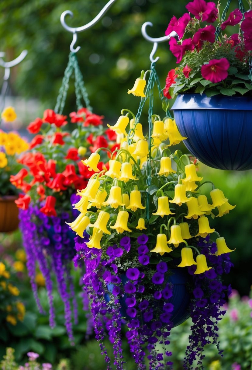 A colorful array of Million Bells hanging baskets, cascading from hooks in a lush garden setting
