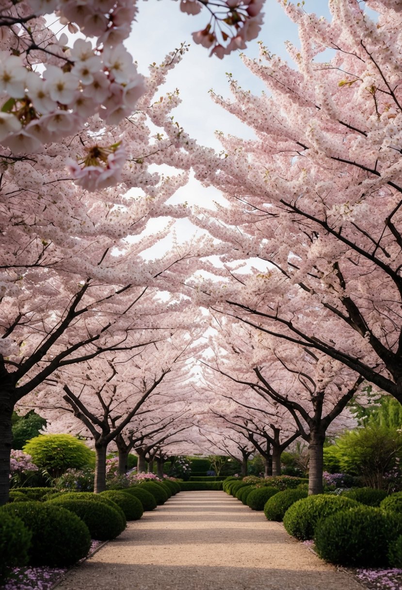 A serene garden filled with cherry blossom trees in full bloom, creating a picturesque scene of pink and white flowers