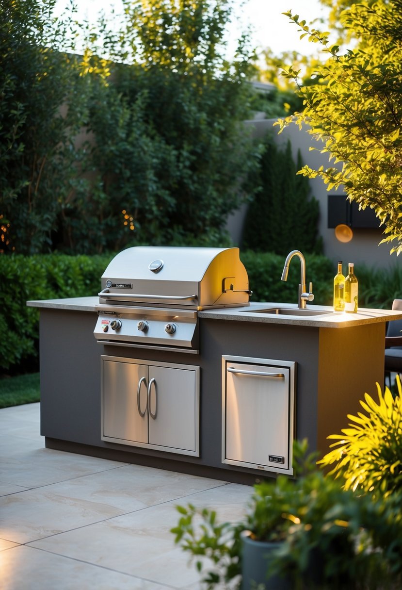 A backyard patio with a Char-Broil MOD Outdoor Sink System 29 integrated into a sleek outdoor kitchen setup, surrounded by lush greenery and illuminated by warm sunlight