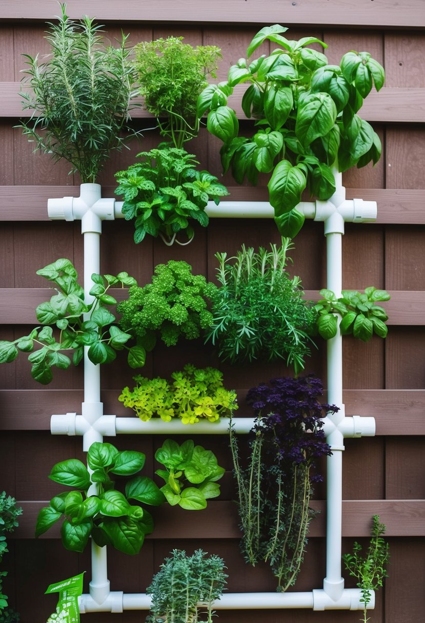 A PVC pipe herb garden with 22 different herbs growing on the walls