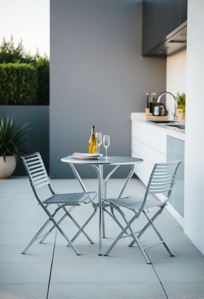 A sleek aluminum bistro set sits in a modern outdoor kitchen with clean lines and minimalist design