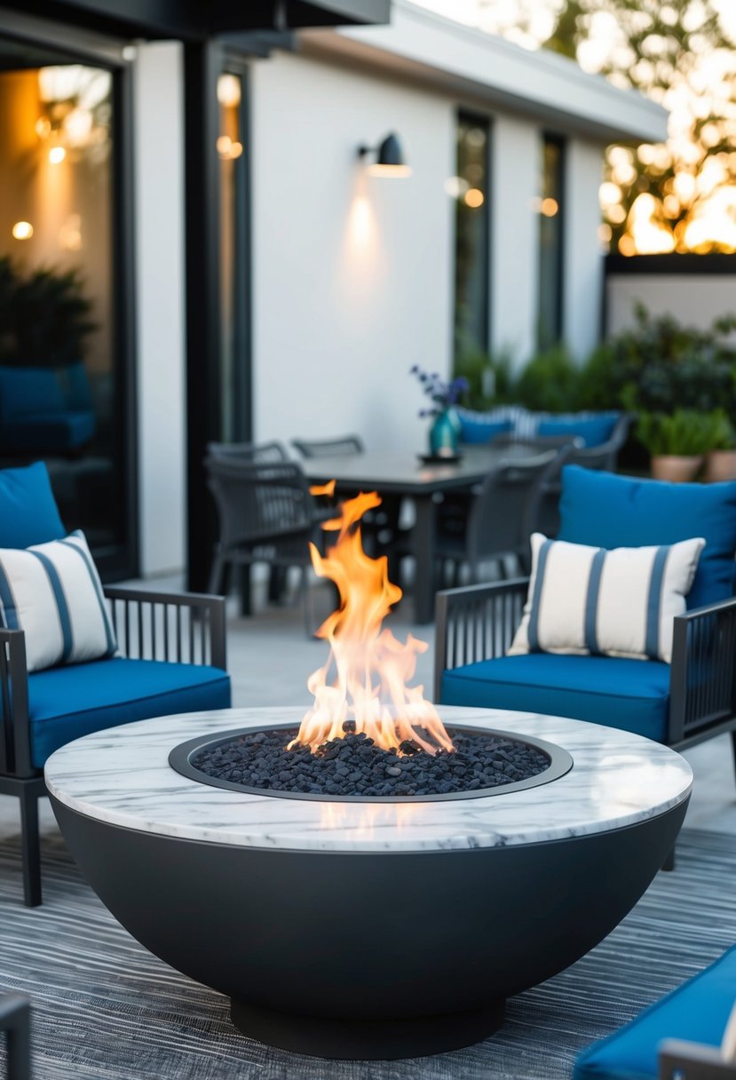 A sleek fire pit table with a marble top surrounded by modern outdoor furniture and set against a backdrop of a stylish outdoor living space