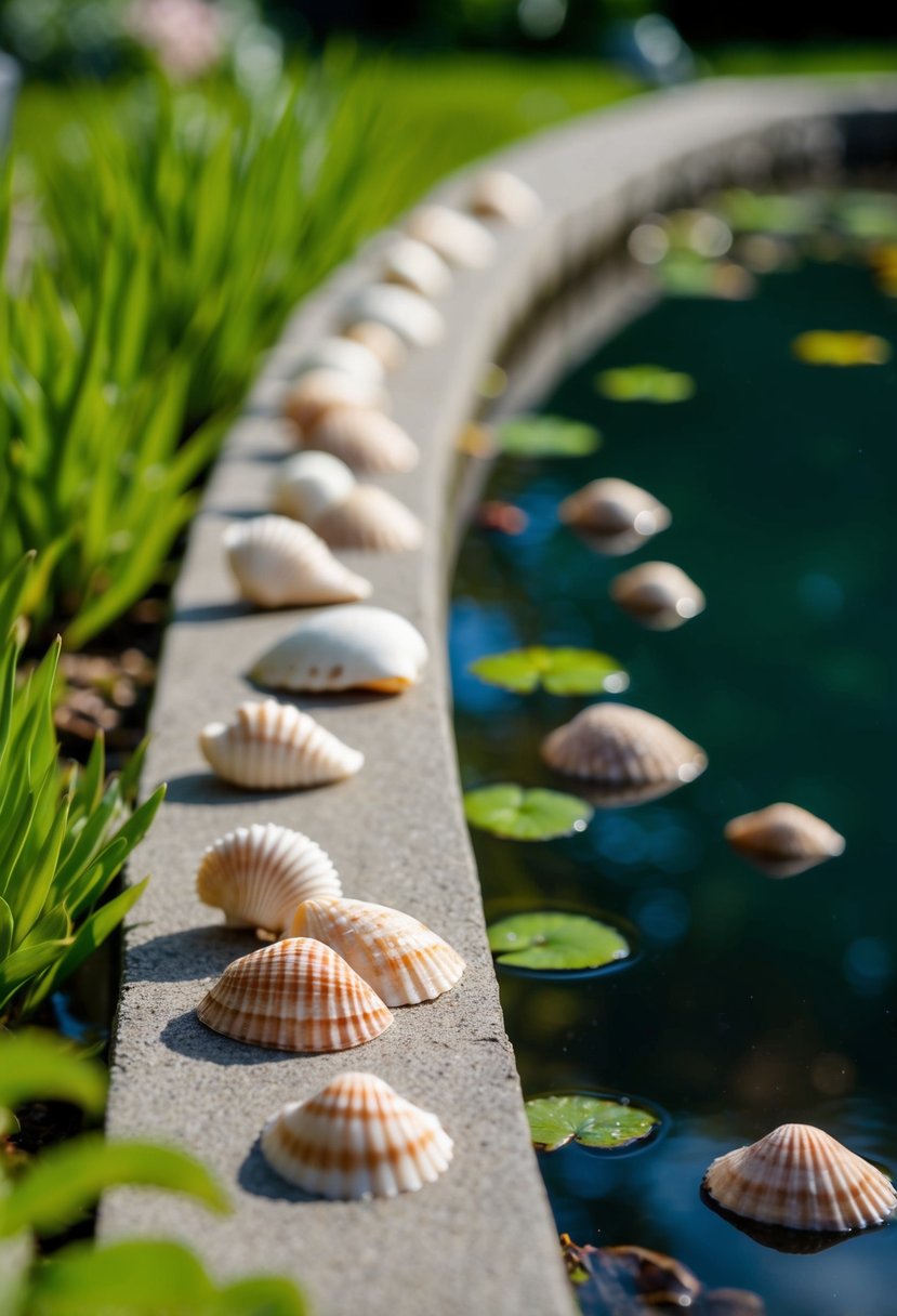 Seashells scattered along the edge of a tranquil garden pond