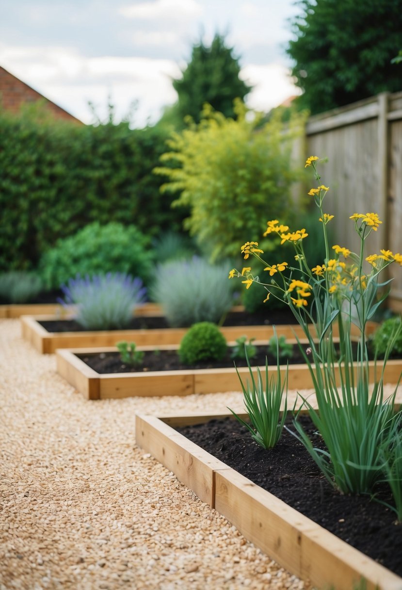 A backyard garden with 35 timber sleepers forming raised borders and pathways