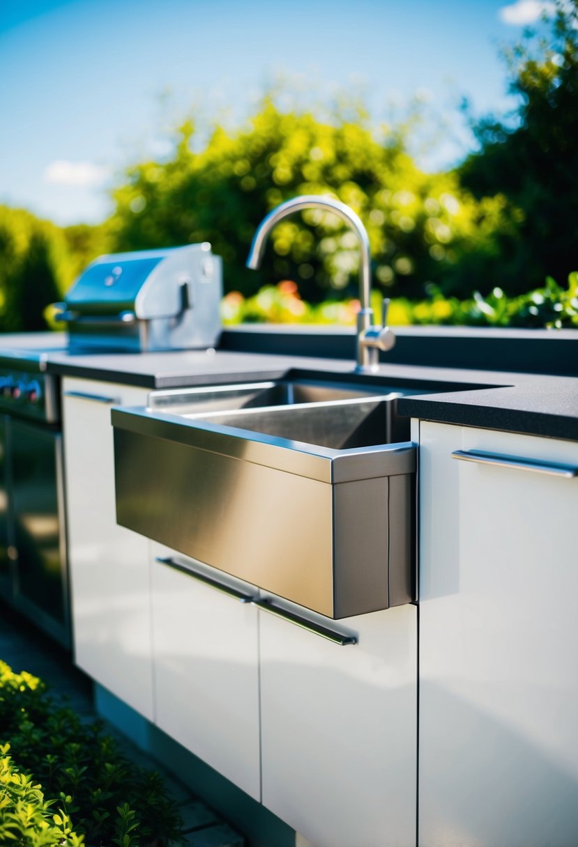 A sleek, stainless steel sink cabinet is set against a backdrop of a modern outdoor kitchen, surrounded by lush greenery and under a clear blue sky