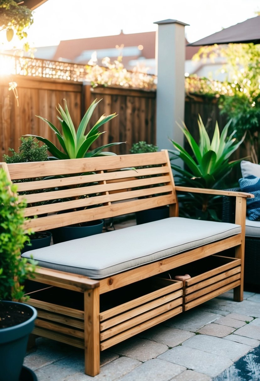 A wooden bench with built-in storage sits on a patio surrounded by potted plants and a cozy seating area