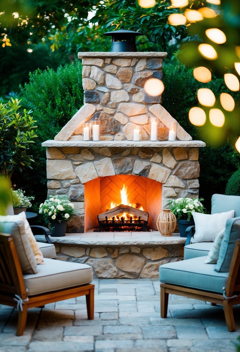 A cozy outdoor fireplace surrounded by natural stone, set in a lush garden with comfortable seating and soft lighting