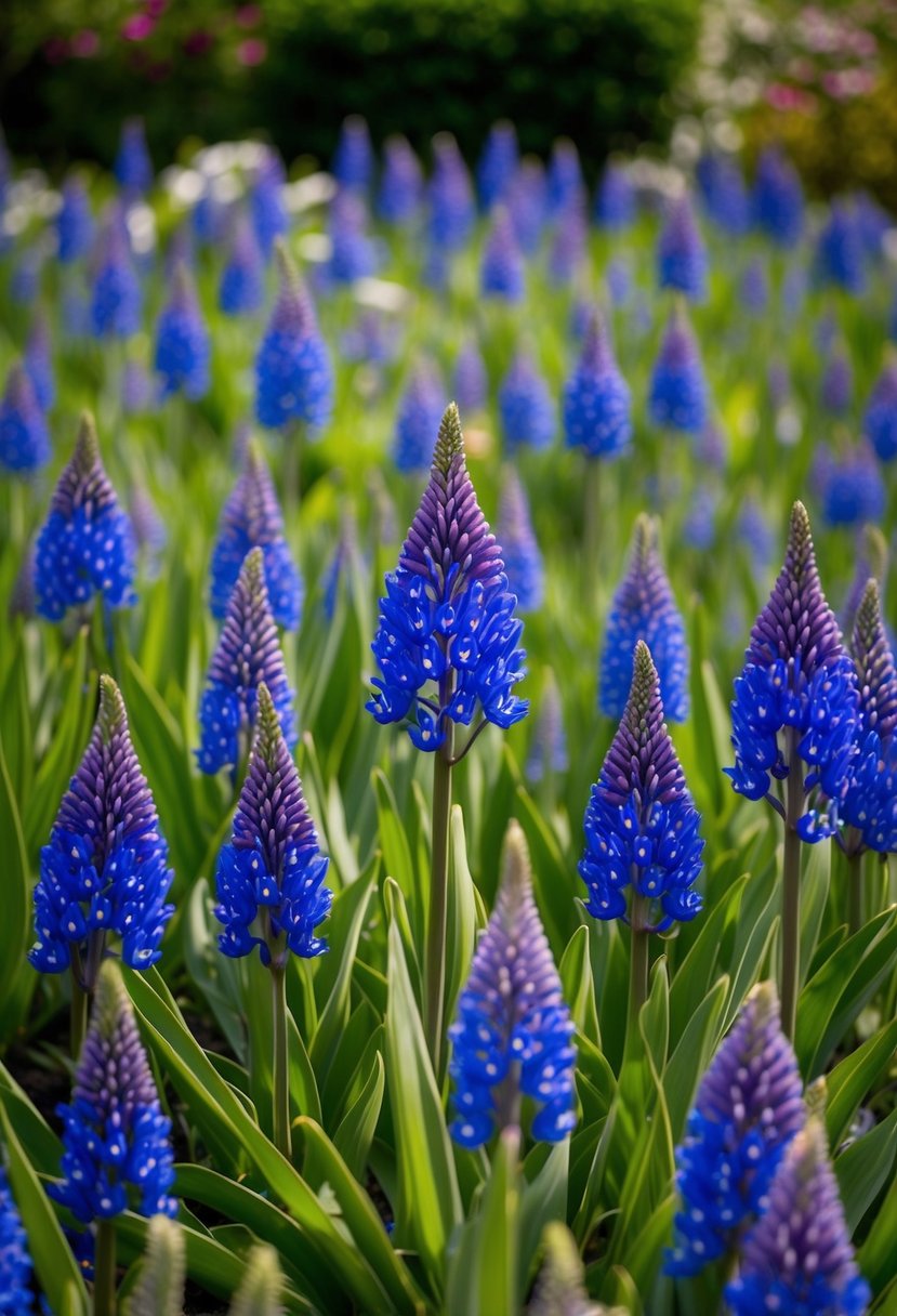 A lush garden filled with vibrant Agapanthus 'Peter Pan' in full bloom, creating a sea of blue and green. Tall, slender stems sway gently in the breeze