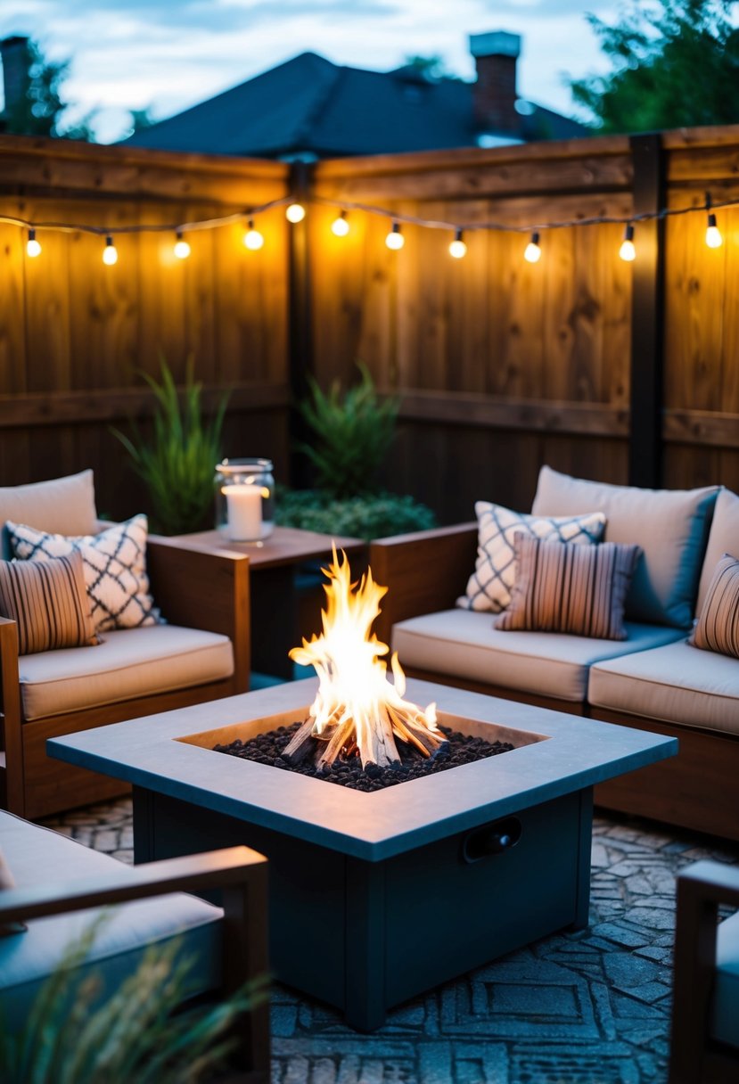 A cozy backyard with a small fire pit surrounded by comfortable seating and soft lighting, creating a warm and inviting atmosphere