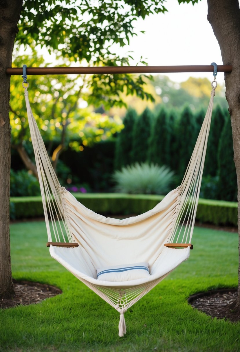 A sturdy frame hammock suspended between two trees in a lush garden setting