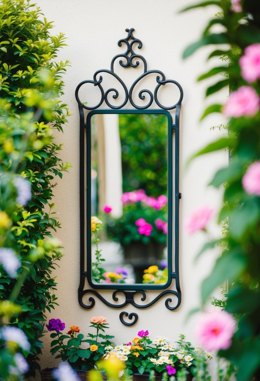 A wrought iron wall mirror hangs among 33 garden mirror ideas, reflecting the lush greenery and colorful blooms of the outdoor space