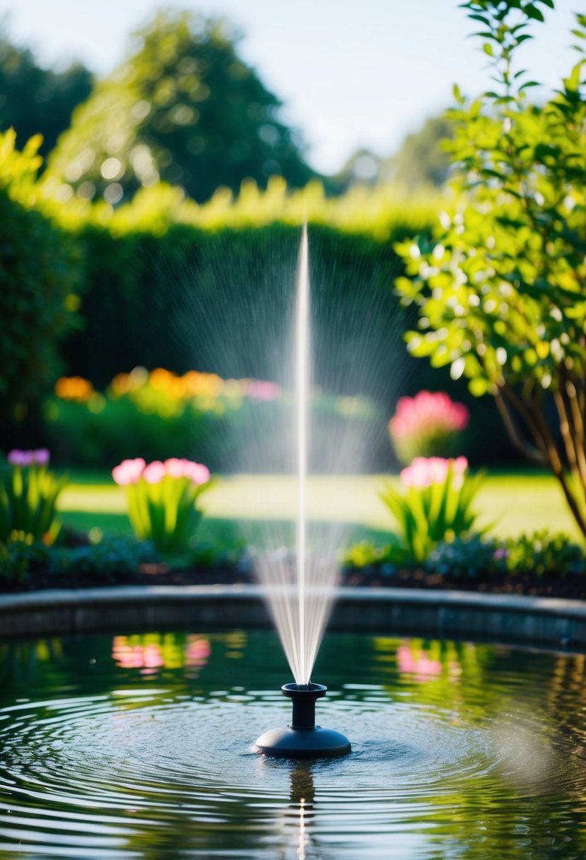 A tranquil garden pond with a misting system creating a serene and peaceful atmosphere