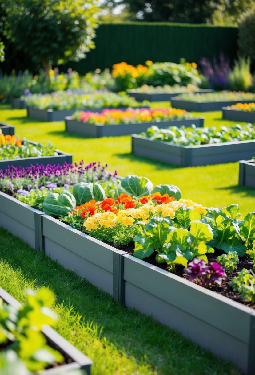 A 4-ft raised garden bed filled with vibrant flowers and vegetables, surrounded by 35 other raised beds in a lush garden setting