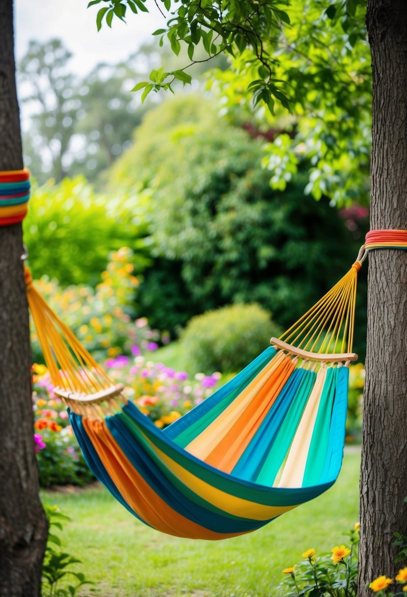 A colorful double cotton hammock suspended between two trees in a lush garden, surrounded by flowers and greenery