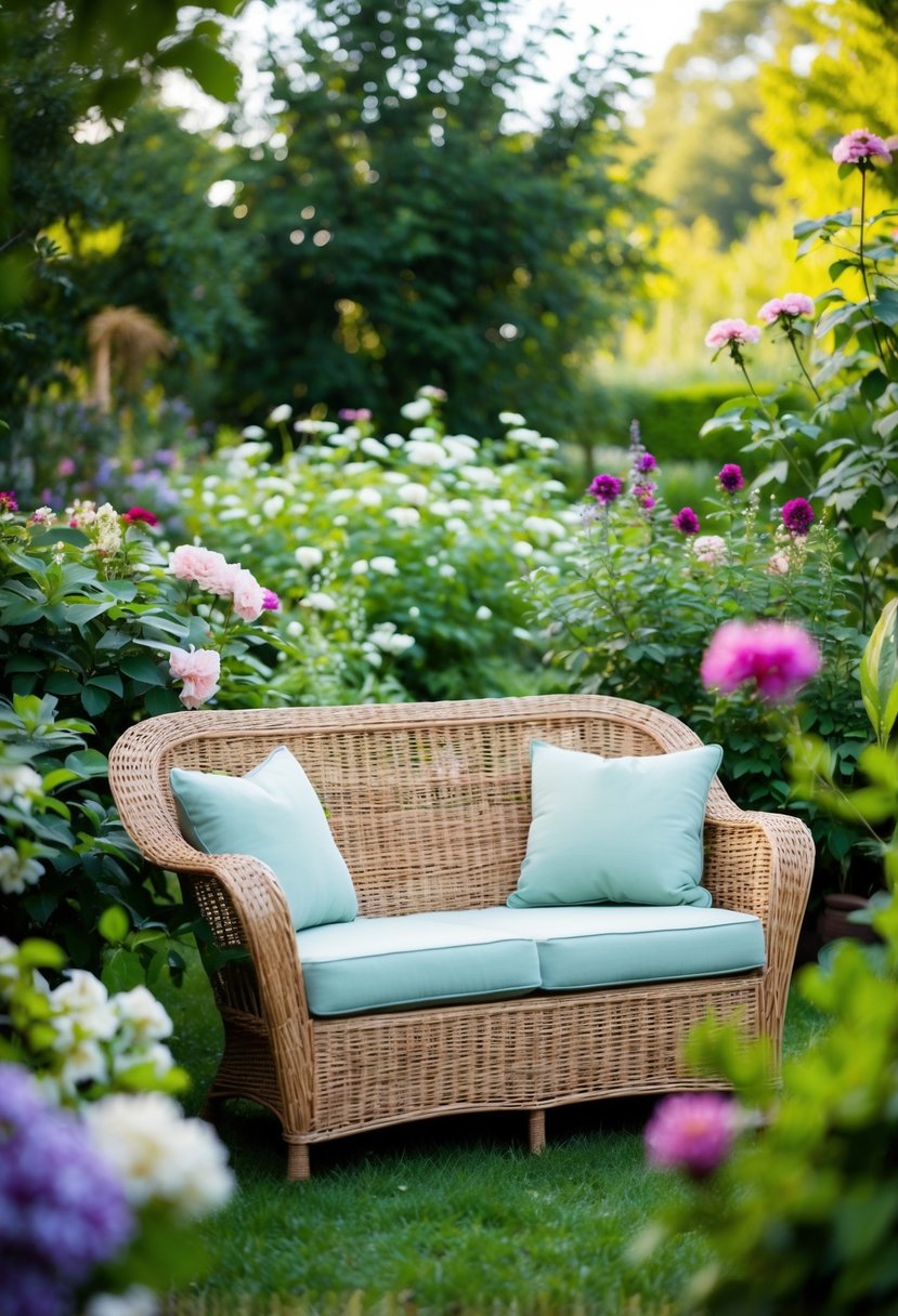 A wicker loveseat sits in a lush garden surrounded by blooming flowers and greenery, creating a cozy and inviting seating area