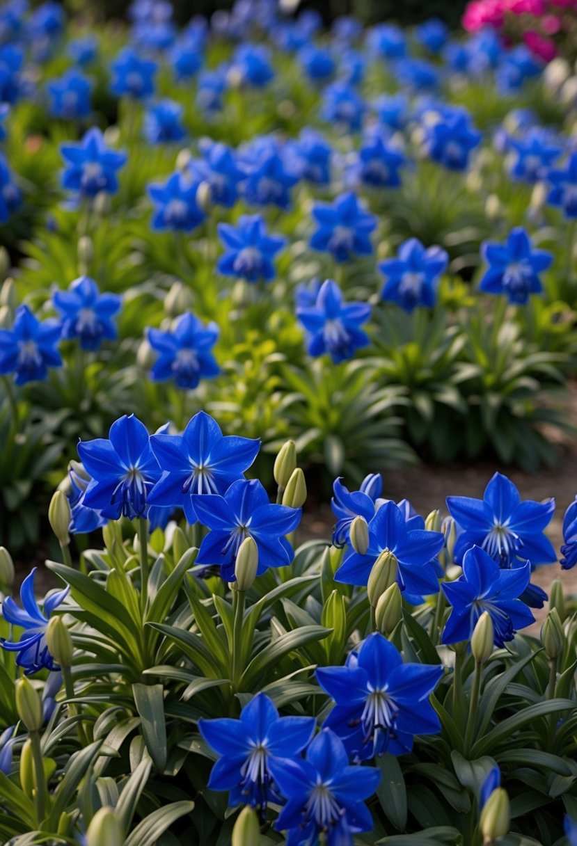 A lush garden filled with vibrant blue Agapanthus flowers in full bloom, creating a stunning display of color and beauty
