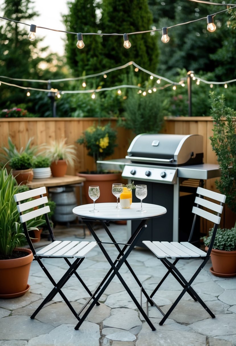 A bistro table set for two on a charming patio with a BBQ area surrounded by potted plants and string lights