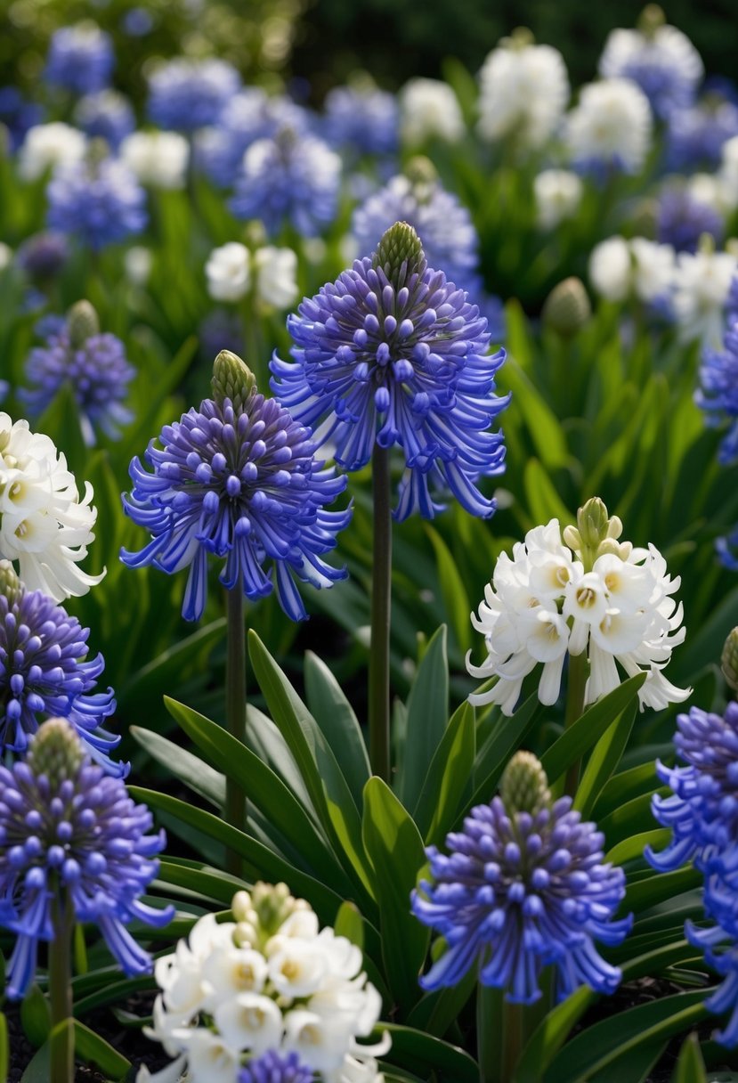 A lush garden filled with vibrant Agapanthus 'Moonlight Star' in full bloom, creating a stunning display of blues and whites