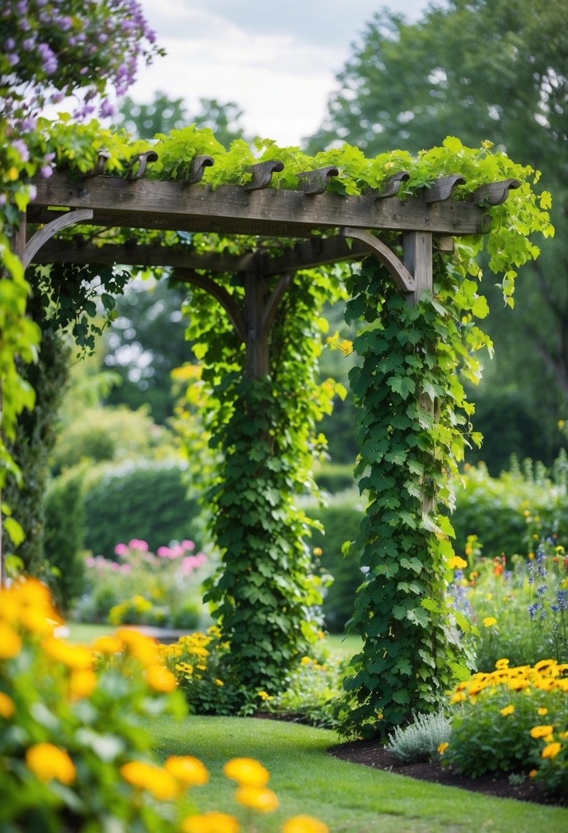 A pergola overgrown with lush vines stands in a garden, surrounded by colorful flowers and greenery