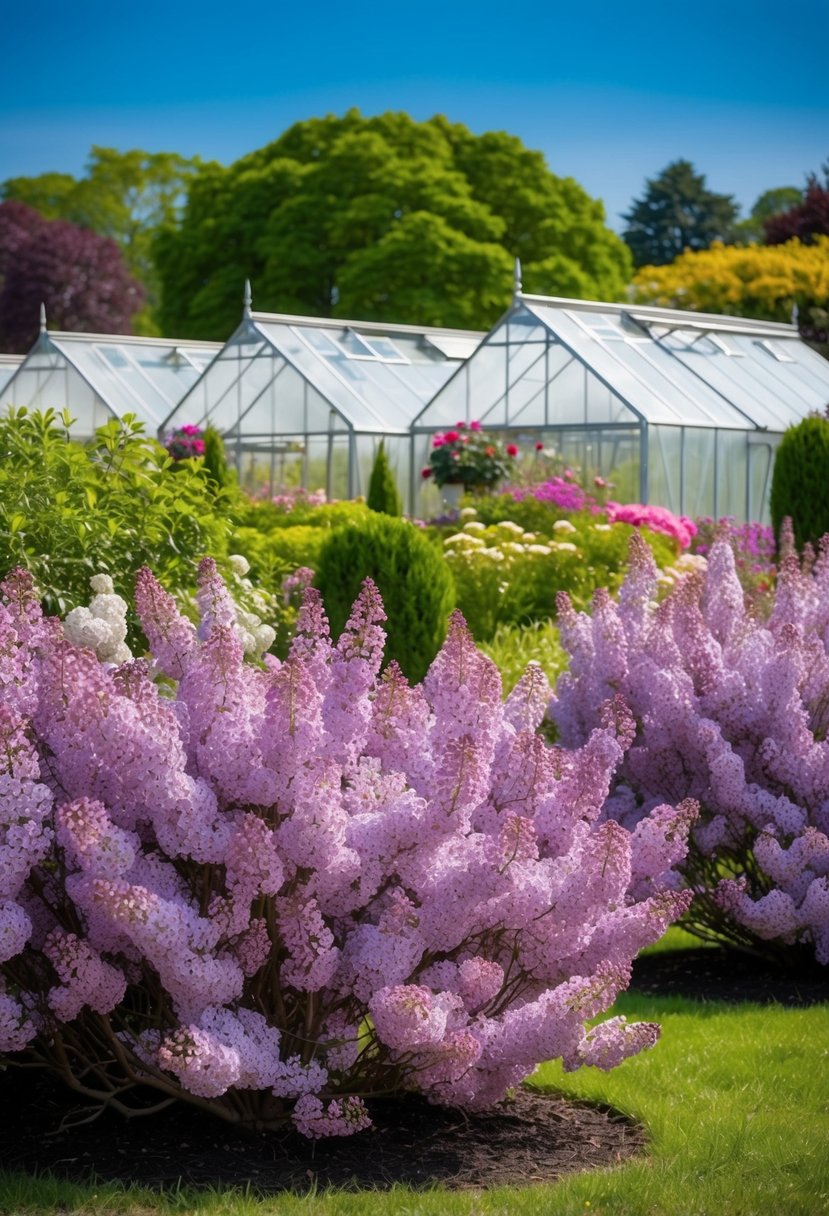 Lilac bushes in full bloom surround a collection of 28 gardens with greenhouses, creating a vibrant and colorful botanical scene
