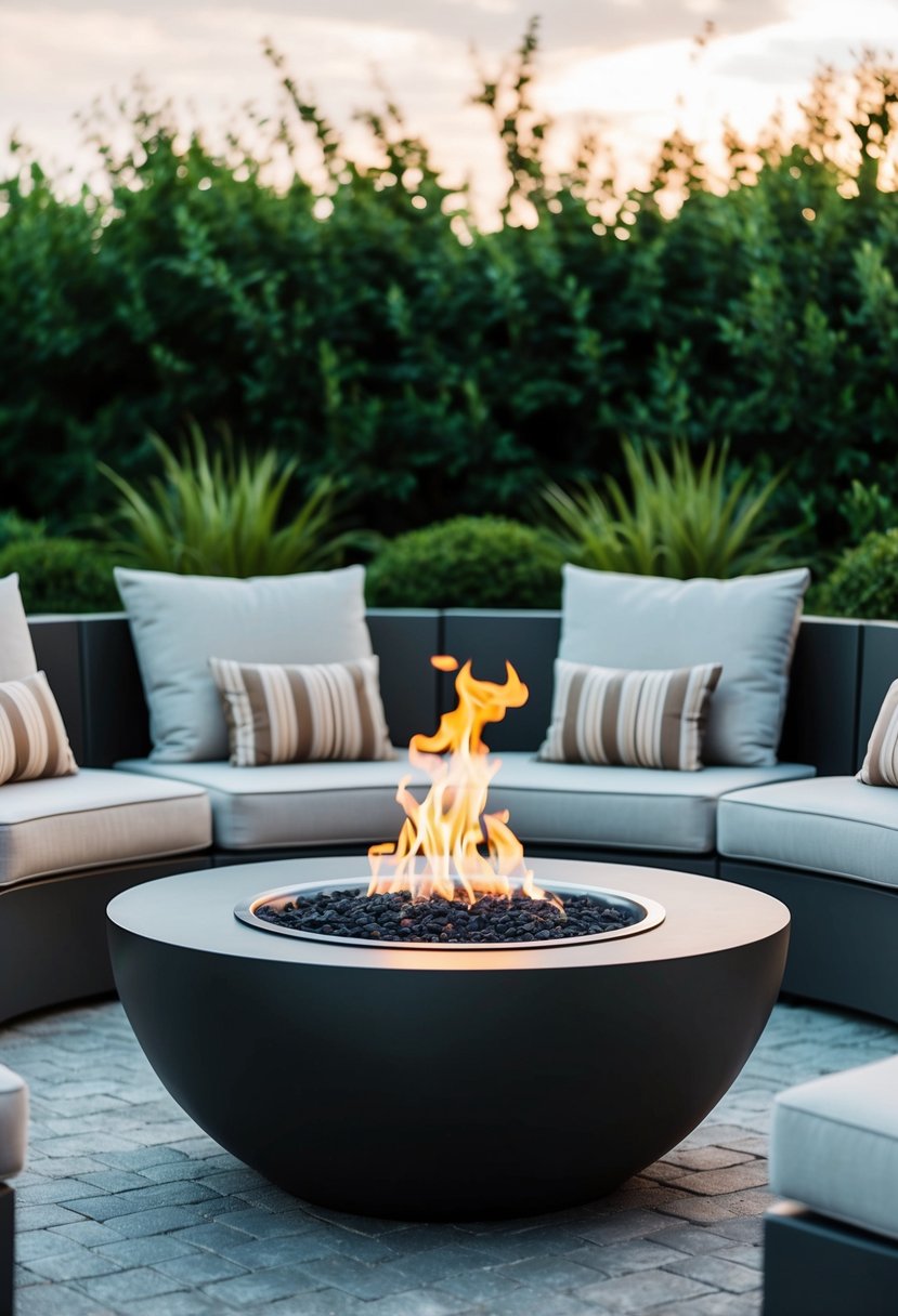A sleek, modern fire pit with fire glass, surrounded by comfortable seating and set against a backdrop of lush greenery