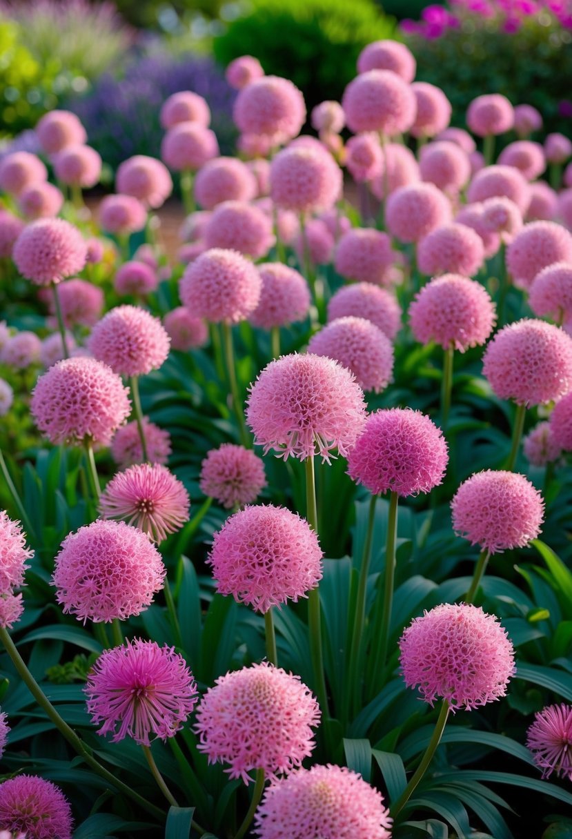 A lush garden filled with pink chimes alliums in full bloom, creating a vibrant and colorful display