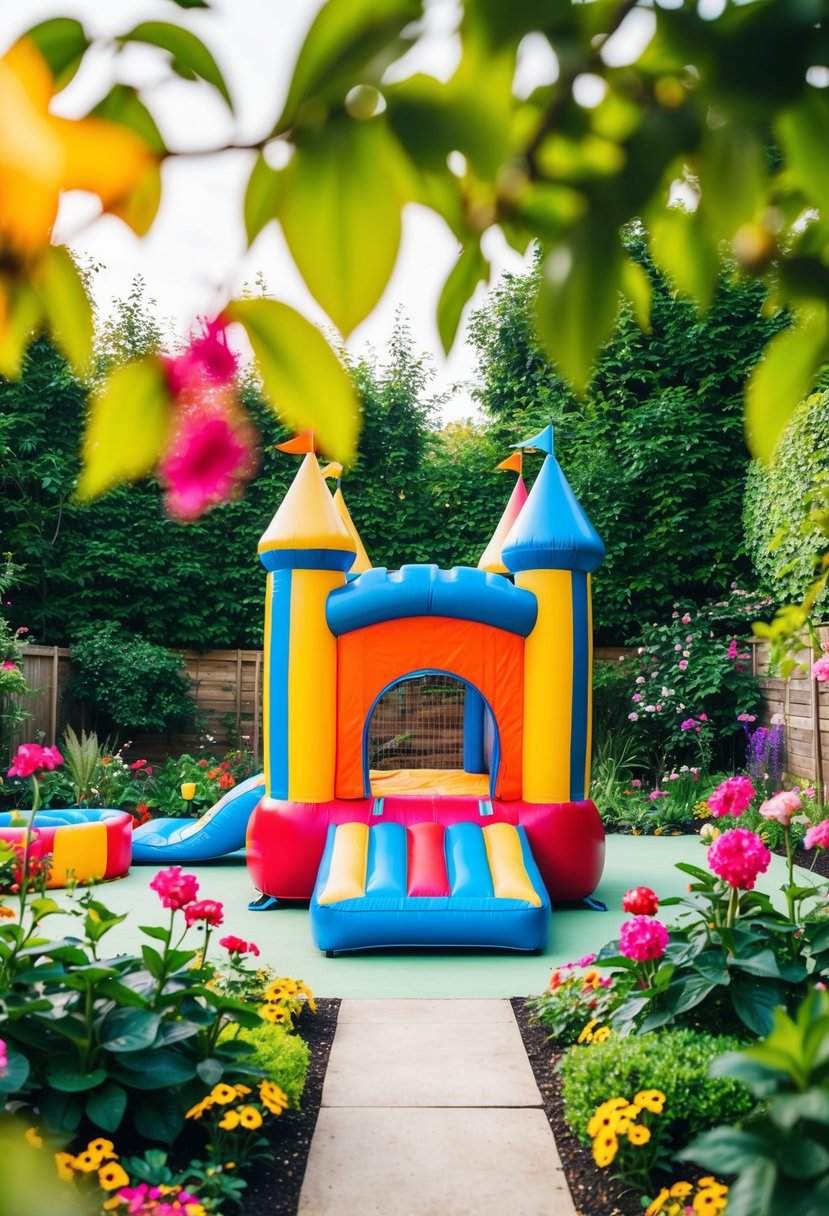 A colorful bouncer castle stands in the center of a garden with a kids' play area surrounded by vibrant flowers and lush greenery
