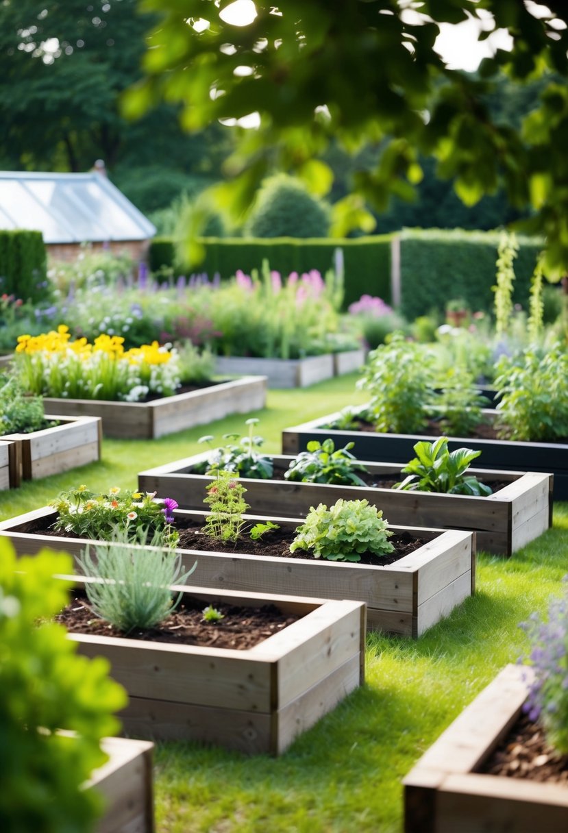 A country garden with raised garden beds made of wooden sleepers, neatly arranged in 35 different border designs