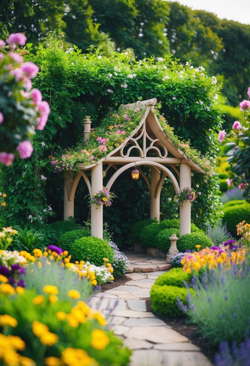 A whimsical fairy pergola nestled among 43 enchanting gardens, adorned with lush greenery and colorful blooms, creating a magical and serene atmosphere