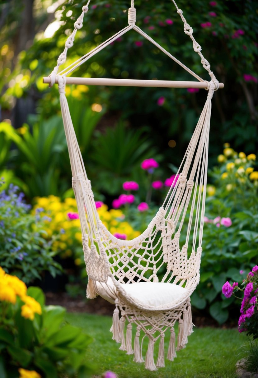 A bohemian macrame hammock chair hangs in a lush garden, surrounded by vibrant flowers and greenery