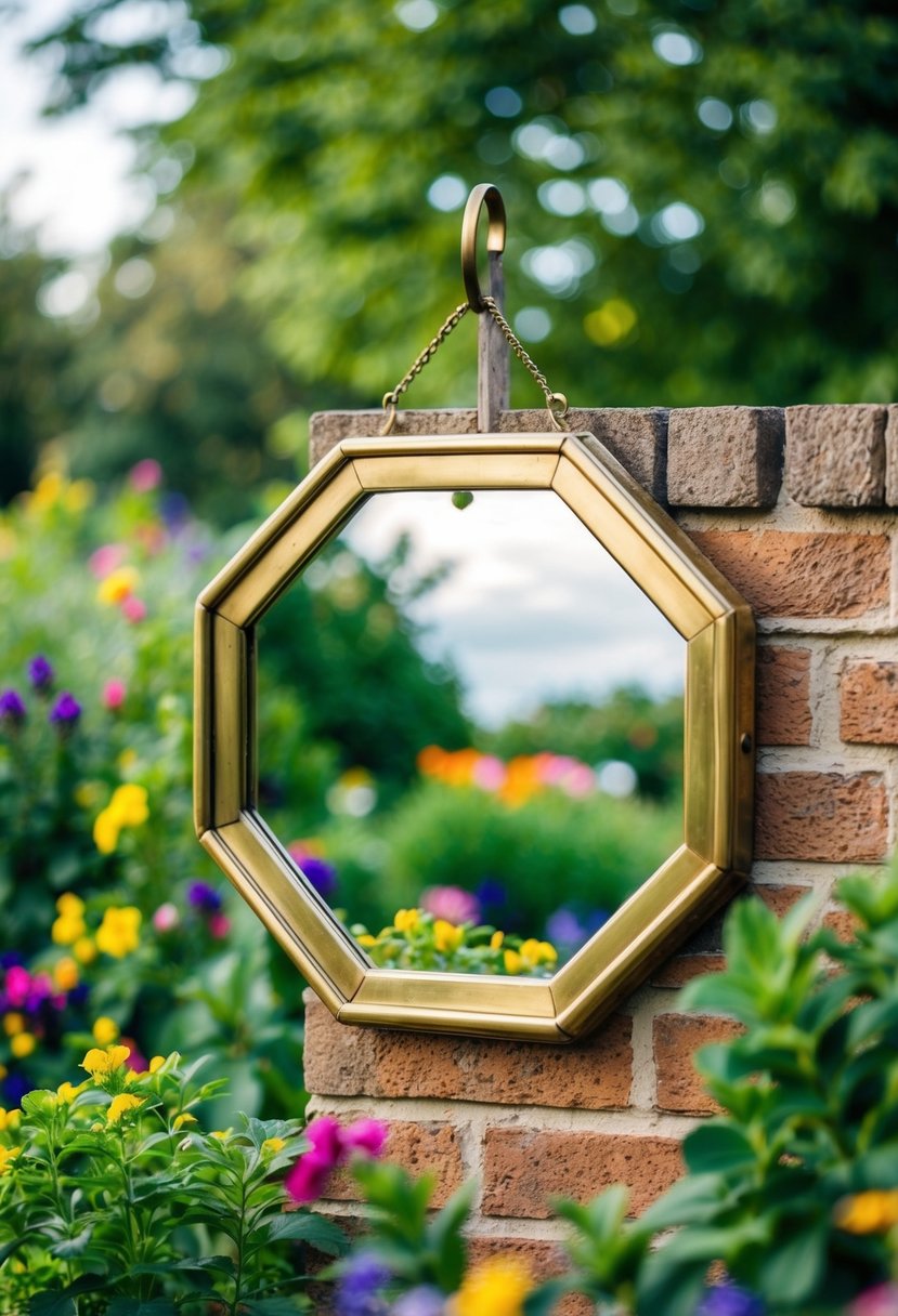 A hexagonal brass mirror hangs on a garden wall, reflecting the lush greenery and colorful flowers in the surrounding landscape